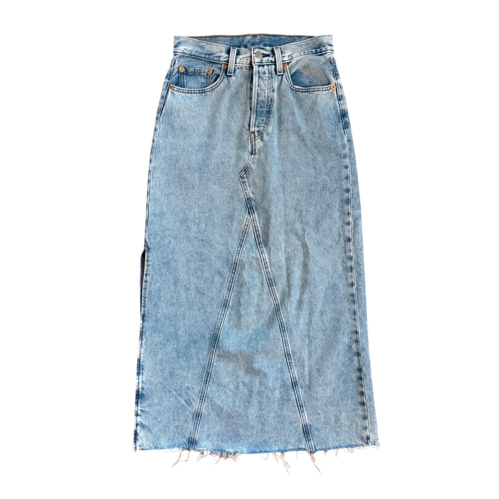 Levis Icon Denim Skirt Light Wash Maxi High Rise Side‎ Slit Raw Hem Size 27